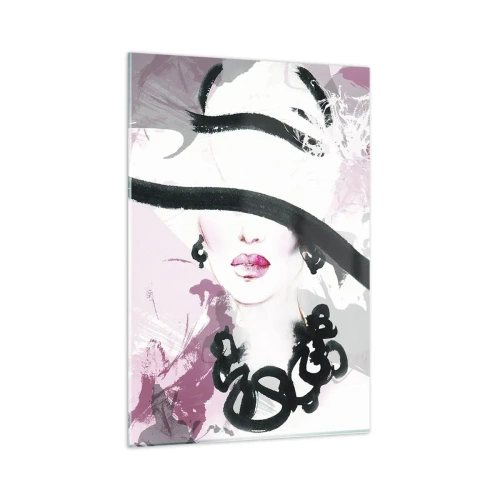 Obraz na szkle - Elegancka kobieta w kapeluszu na tle różowych abstrakcji - 80x120cm - Portret damy w czerni i różu - Nowoczesna dekoracja ścienna do salonu i sypialni ARTTOR