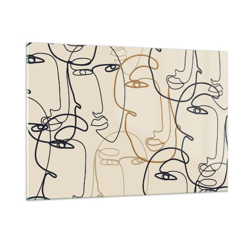 Obraz na szkle - Konturowe twarze narysowane jednym pociągnięciem na beżu - 120x80cm - Portret zwielokrotniony - Nowoczesna dekoracja ścienna do salonu, kuchni i sypialni ARTTOR