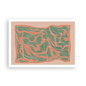 Plakat - Roślinny wzór w odcieniach zieleni i pomarańczu - 100x70cm - Zmagania koralu i zieleni - Nowoczesna dekoracja ścienna do salonu i sypialni ARTTOR