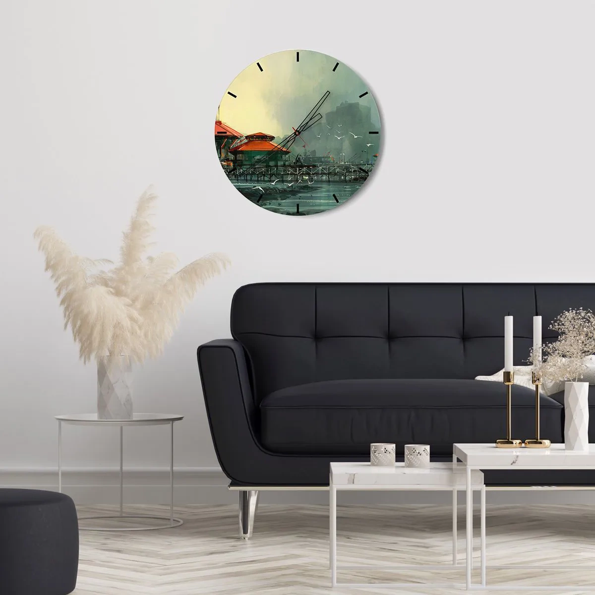 Zegar ścienny - Słotny dzień w porcie - 40x40 cm