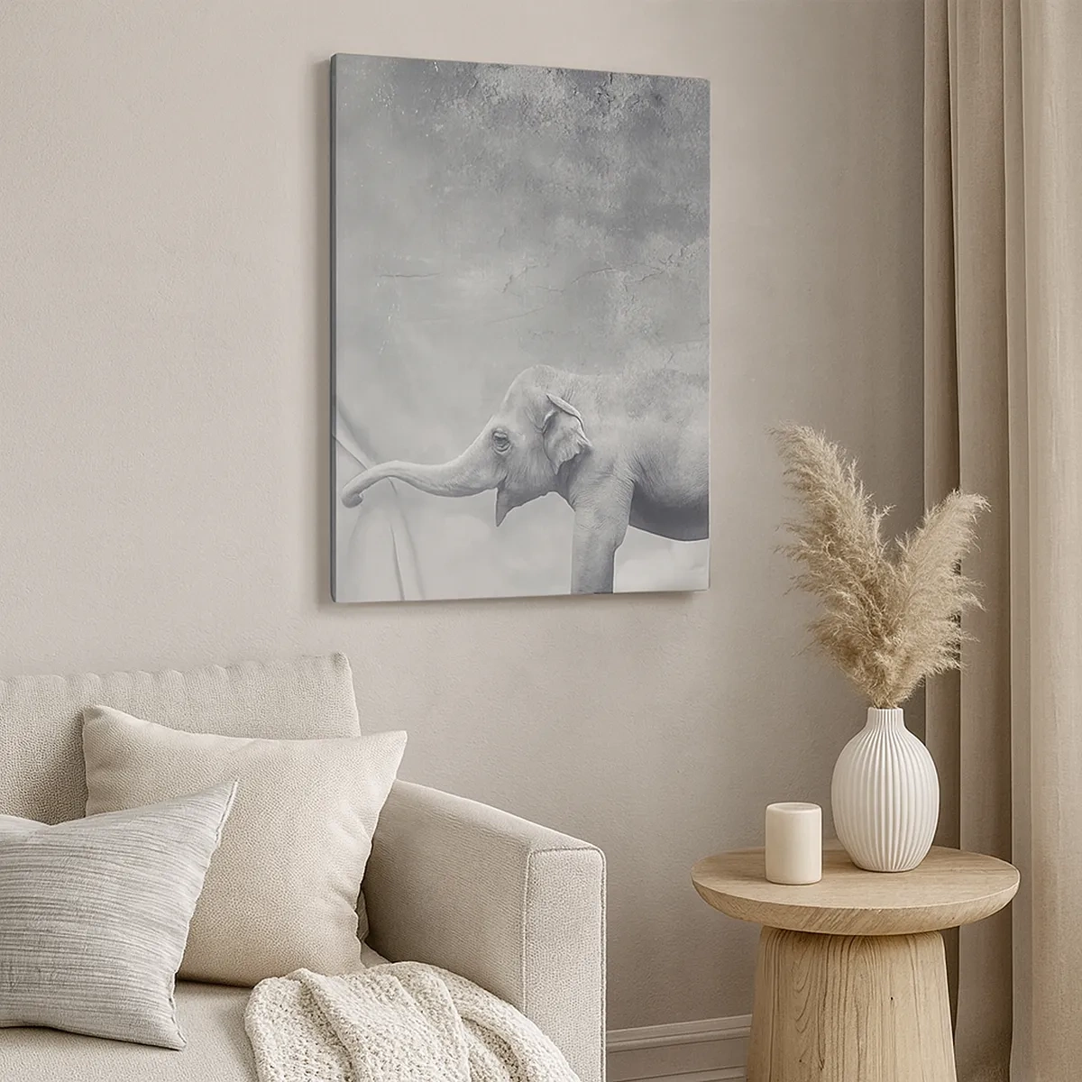 Obraz na płótnie - Słoń na tle abstrakcyjnego, szarego tła w stylu czarno-białym - 50x70cm - Odsłonić tajemnicę - Nowoczesna dekoracja ścienna do salonu, kuchni i sypialni ARTTOR