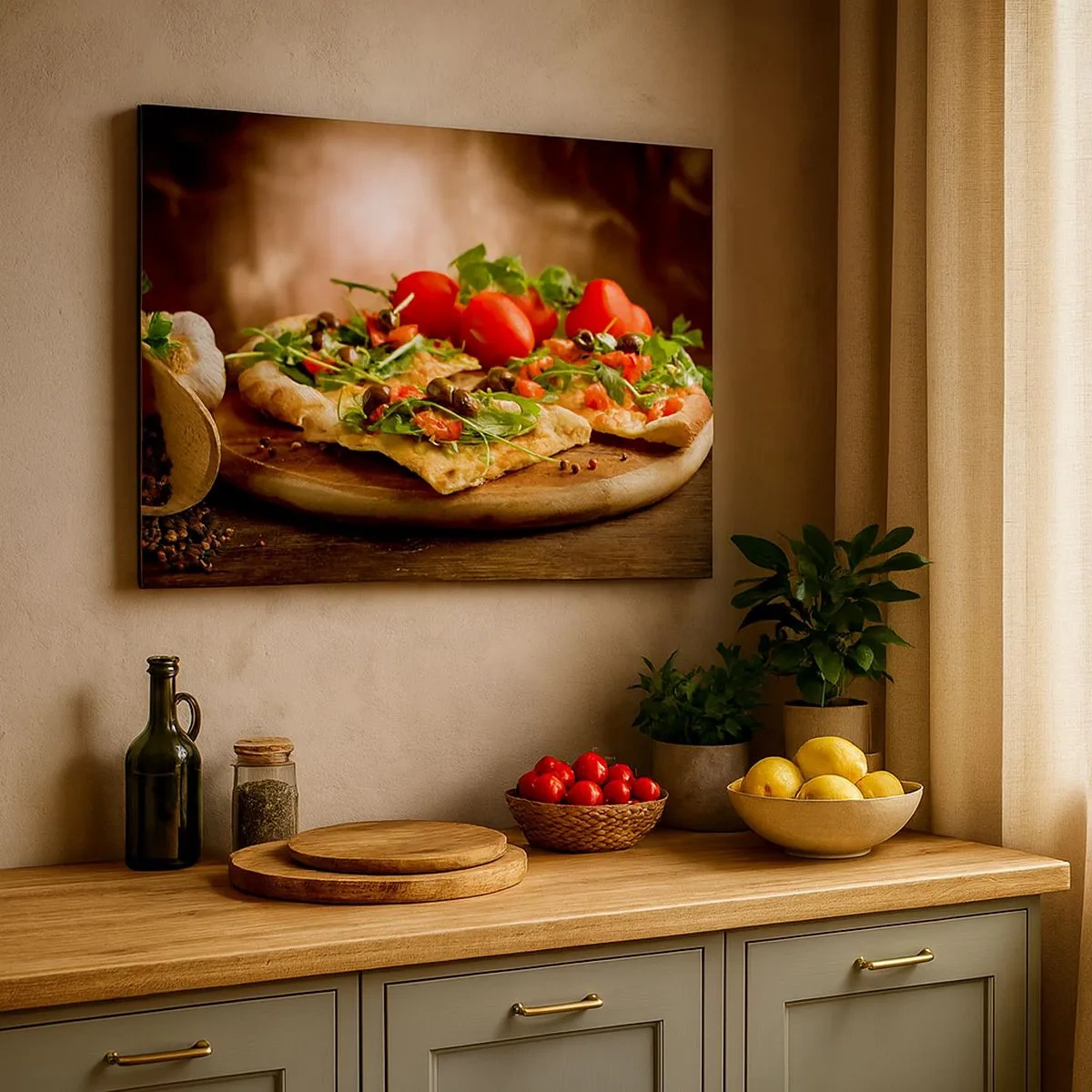 Obraz na płótnie - Pizza z warzywami na drewnianej desce w rustykalnym stylu - 70x50cm - Prosto z pieca i z ogrodu - Nowoczesna dekoracja ścienna do salonu i sypialni ARTTOR