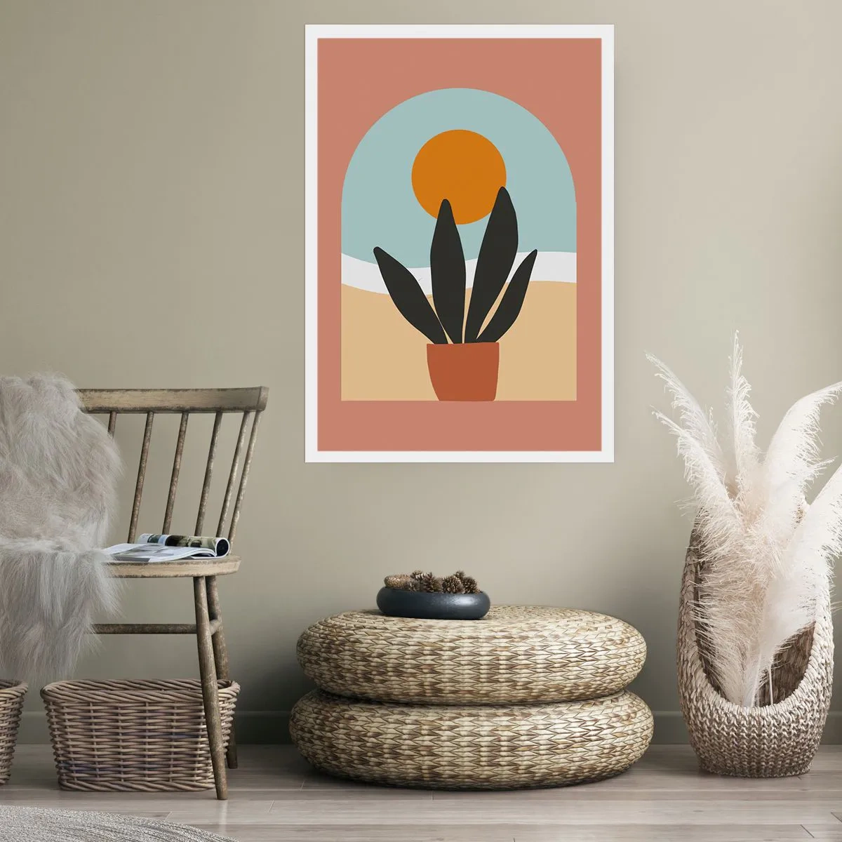 Plakat - Roślina w doniczce na tle łuku z zachodem słońca - 50x70cm - Drobne radości - Nowoczesna dekoracja ścienna do salonu, kuchni i sypialni ARTTOR
