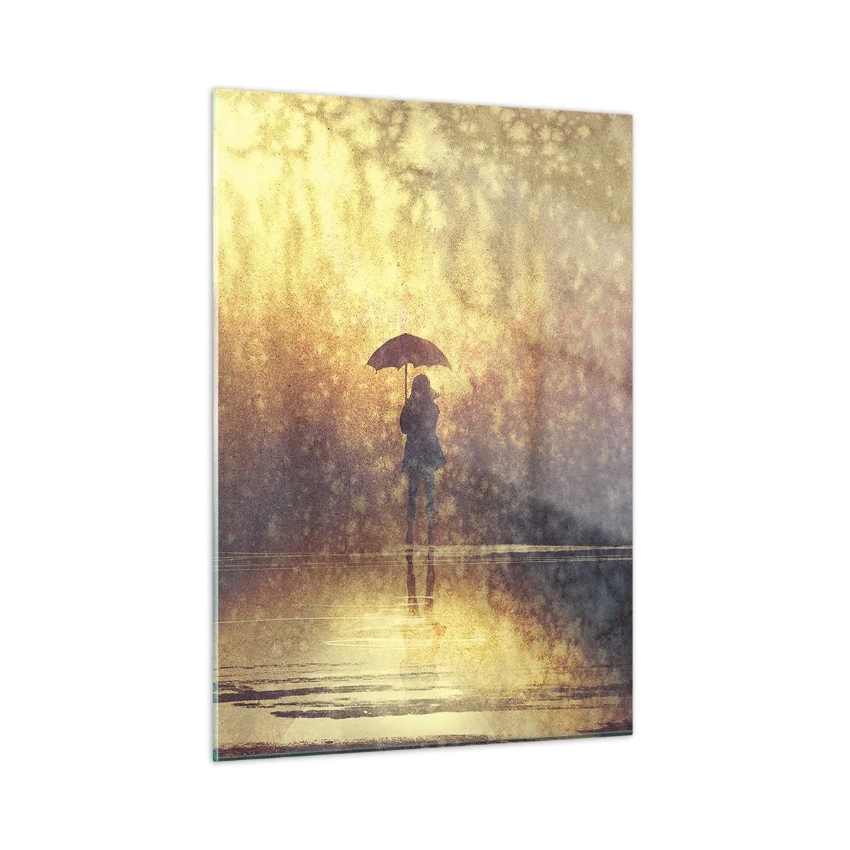 Obraz na szkle - Postać z parasolem w świetle zachodzącego słońca i deszczu - 50x70cm - Czuję, że ktoś na mnie patrzy - Nowoczesna dekoracja ścienna do salonu, kuchni i sypialni ARTTOR