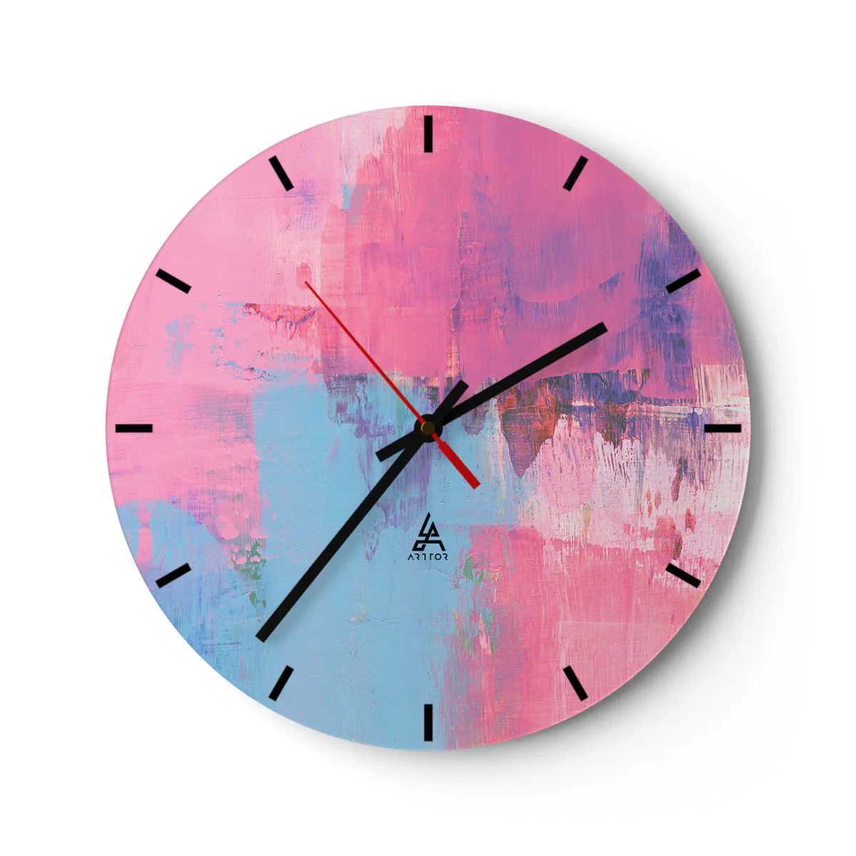 Zegar ścienny - Abstrakcyjna malarska kompozycja w odcieniach różu i błękitu - 30x30cm - Róż, błękit i szczypta światła - Nowoczesna dekoracja ścienna do salonu, kuchni i sypialni ARTTOR