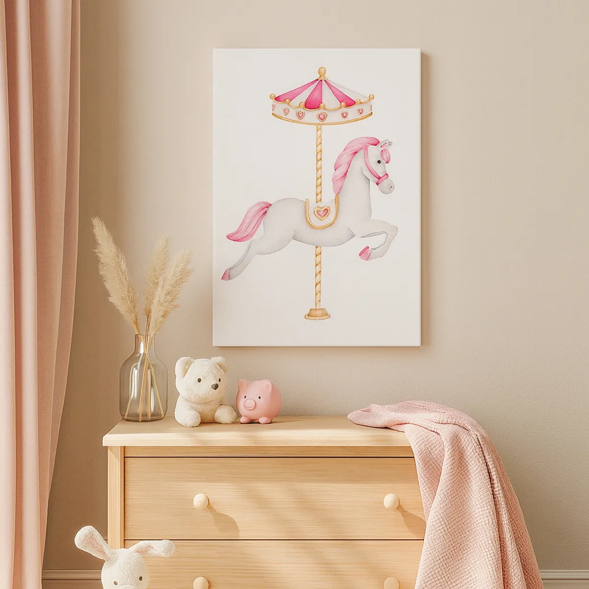 Obraz na płótnie - Delikatna ilustracja konika karuzelowego w różowo-złotej kolorystyce - 50x70cm - Ruszył z kopyta - Nowoczesna dekoracja ścienna do salonu, kuchni i sypialni ARTTOR