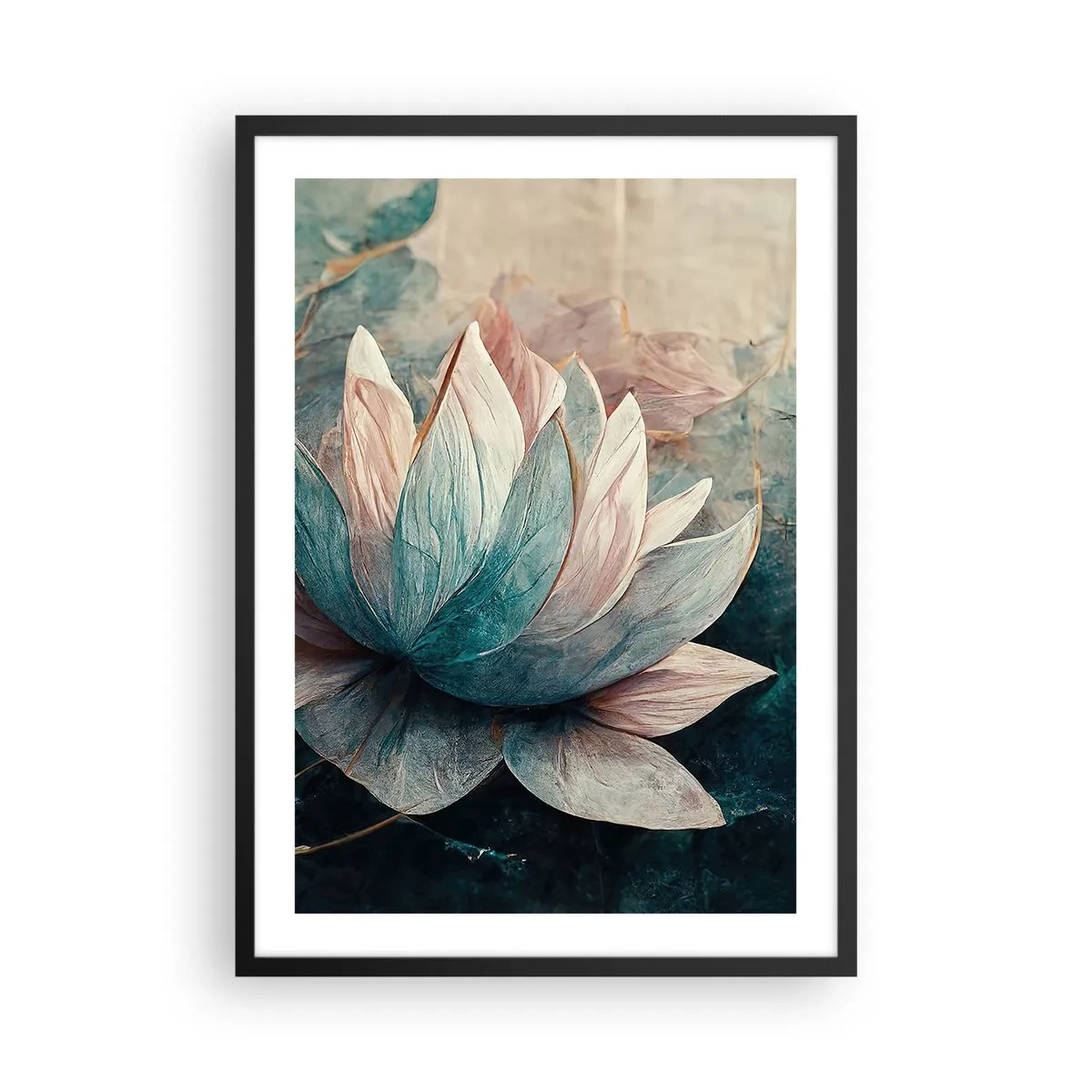 Plakat w czarnej ramie - Delikatny kwiat lotosu w mistycznej aurze - 50x70cm - Gwiazdy jeziora - Nowoczesna dekoracja ścienna do salonu i sypialni ARTTOR