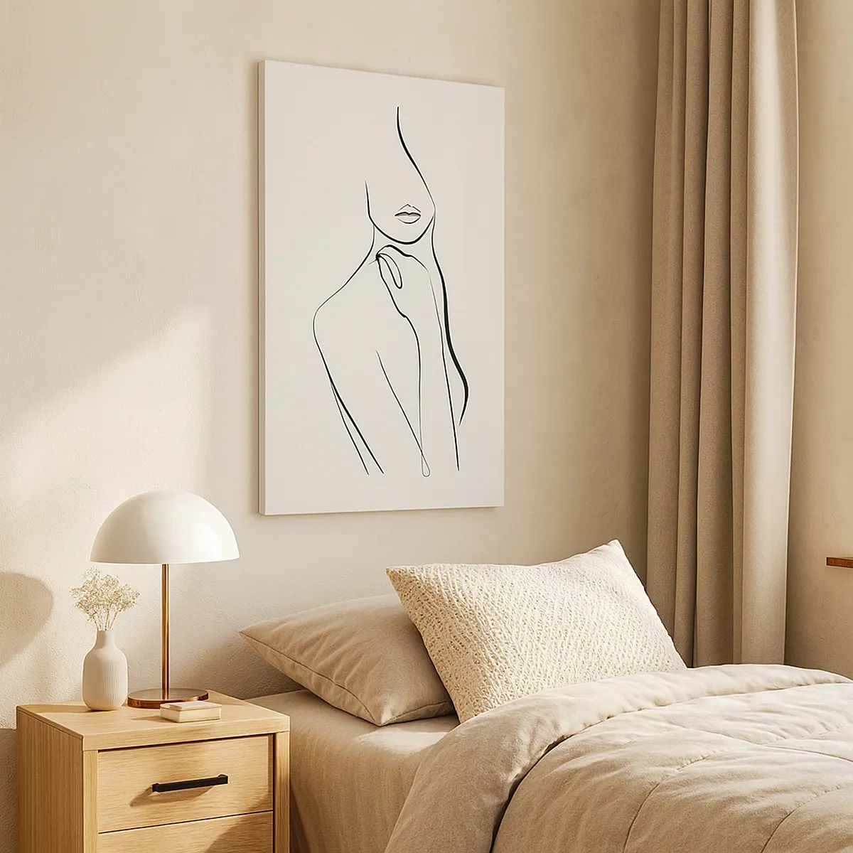 Obraz na płótnie - Minimalistyczna linia przedstawiająca kobiecą sylwetkę na jasnym tle - 50x70cm - Fala melancholii - Nowoczesna dekoracja ścienna do salonu, kuchni i sypialni ARTTOR