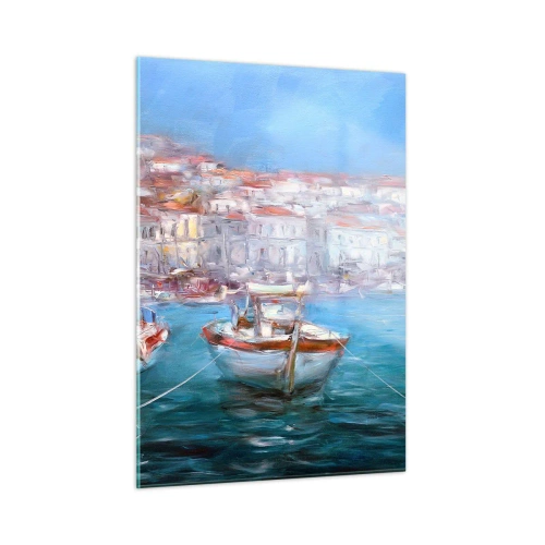 Obraz na szkle - Port rybacki z łodziami w tle włoskich budynków i błękitnego nieba - 50x70cm - Włoska zatoka - Nowoczesna dekoracja ścienna do salonu, kuchni i sypialni ARTTOR
