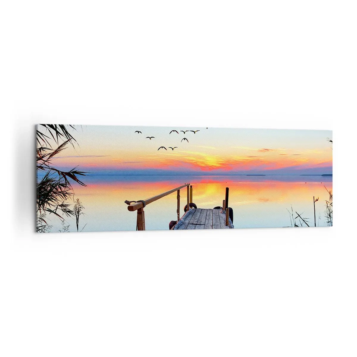 Obraz na płótnie - Drewniany pomost nad jeziorem o zachodzie słońca - 160x50cm - Pora wracać… - Nowoczesna dekoracja ścienna do salonu i sypialni ARTTOR