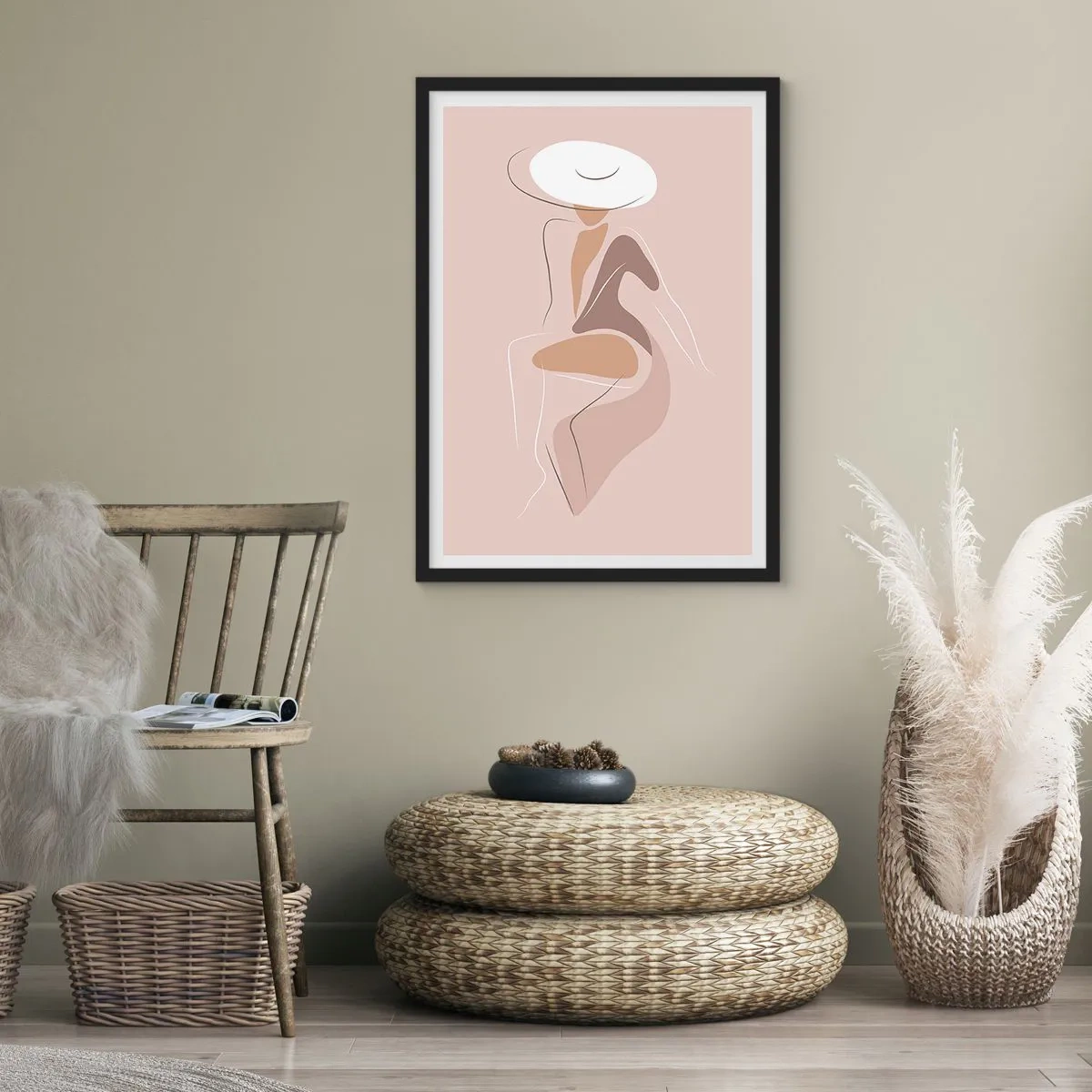 Plakat w czarnej ramie - Minimalistyczny wizerunek kobiety w kapeluszu na beżowym tle - 50x70cm - Damą być - Nowoczesna dekoracja ścienna do salonu i sypialni ARTTOR