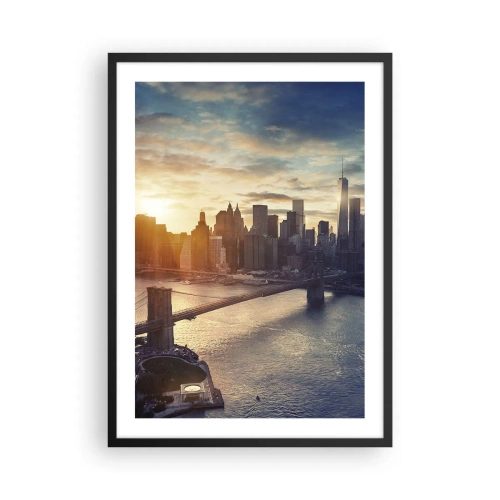 Plakat w czarnej ramie - Widok na Manhattan o zachodzie słońca z mostem Brooklińskim - 50x70cm - Pomnik kultury Zachodu - Nowoczesna dekoracja ścienna do salonu i sypialni ARTTOR