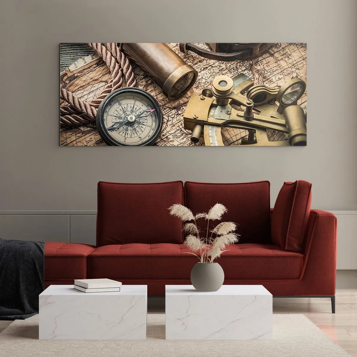 Obraz na szkle - Kompas, sekstant i luneta na tle starej mapy i liny żeglarskiej - 120x50cm - Wyznacz kurs - Nowoczesna dekoracja ścienna do salonu i sypialni ARTTOR