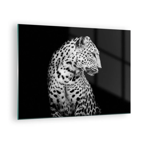 Obraz na szkle - Lampart w czarno-białym świetle na tle okna - 70x50cm - Prawy profil doskonały! - Nowoczesna dekoracja ścienna do salonu i sypialni ARTTOR