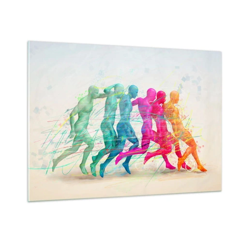 Obraz na szkle - Kolorowa abstrakcja przedstawiająca ruch postaci w biegu - 100x70cm - Harmonia ruchu - Nowoczesna dekoracja ścienna do salonu, kuchni i sypialni ARTTOR