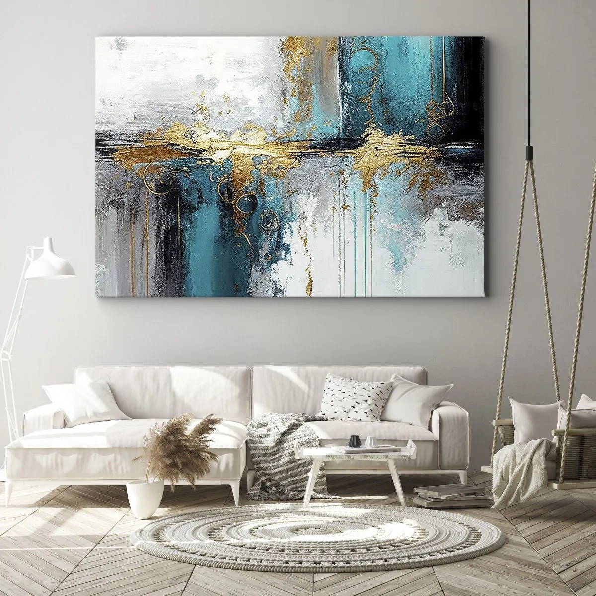 Obraz na płótnie - Abstrakcyjna kompozycja z turkusem i złotymi akcentami - 70x50cm - Wszystko płynie - Nowoczesna dekoracja ścienna do salonu i sypialni ARTTOR