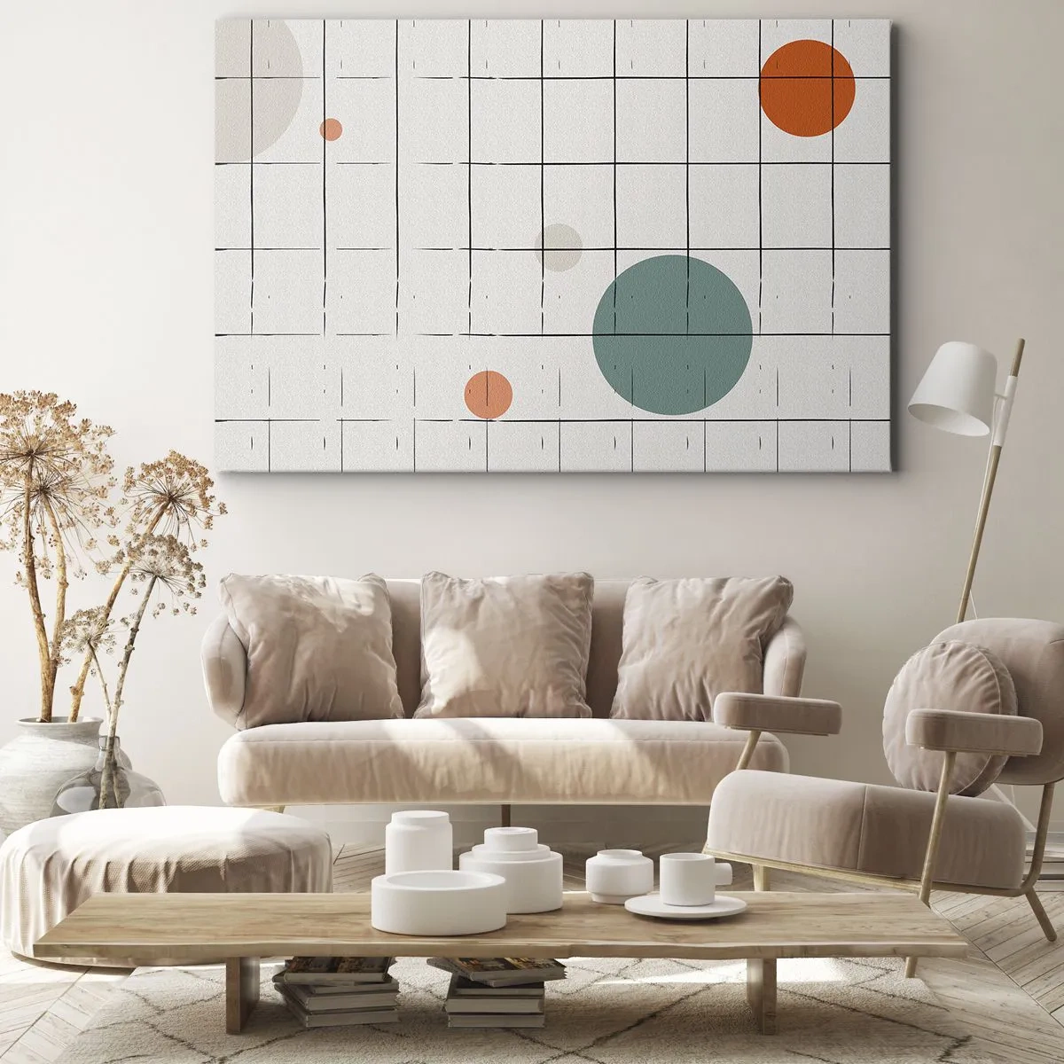 Obraz na płótnie - Abstrakcyjne okręgi w kolorach na tle geometrycznej siatki - 70x50cm - Uwięzione. My czy one? - Nowoczesna dekoracja ścienna do salonu i sypialni ARTTOR