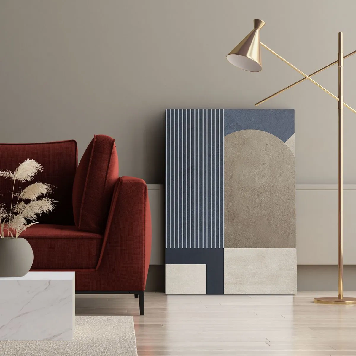 Obraz na płótnie - Geometryczne figury w odcieniach beżu i granatu z liniami - 70x100cm - Kompozycja prostoty i krągłości - Nowoczesna dekoracja ścienna do salonu i sypialni ARTTOR