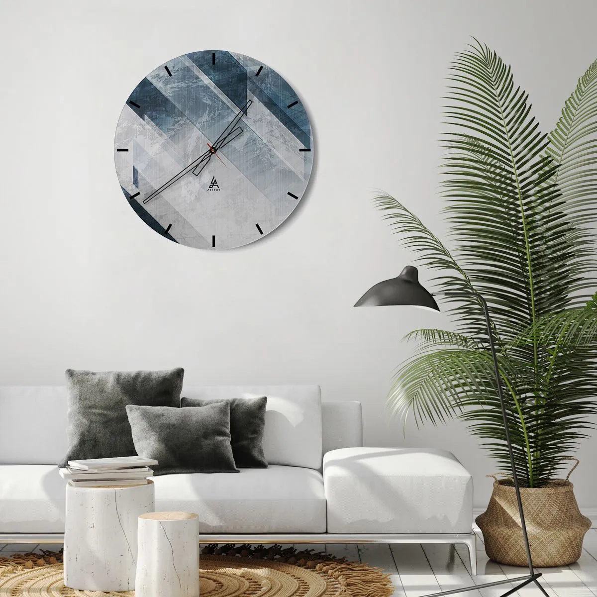 Zegar ścienny - Geometryczne pasy w odcieniach szarości i granatu tworzące głębię - 30x30cm - Kompozycja przestrzenna – ruch szarości - Nowoczesna dekoracja ścienna do salonu, kuchni i sypialni ARTTOR