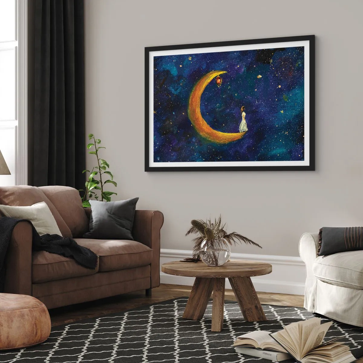 Plakat w czarnej ramie - Dziewczyna stojąca na księżycu w rozgwieżdżonym niebie - 70x50cm - Wołanie świata - Nowoczesna dekoracja ścienna do salonu i sypialni ARTTOR