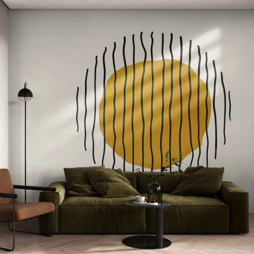 Fototapeta Premium Sand - Minimalistyczny wzór z musztardowym kołem i czarnymi liniami - 100x70cm - Abstrakcja drżąca od żaru - Nowoczesna dekoracja ścienna do salonu, kuchni i sypialni ARTTOR