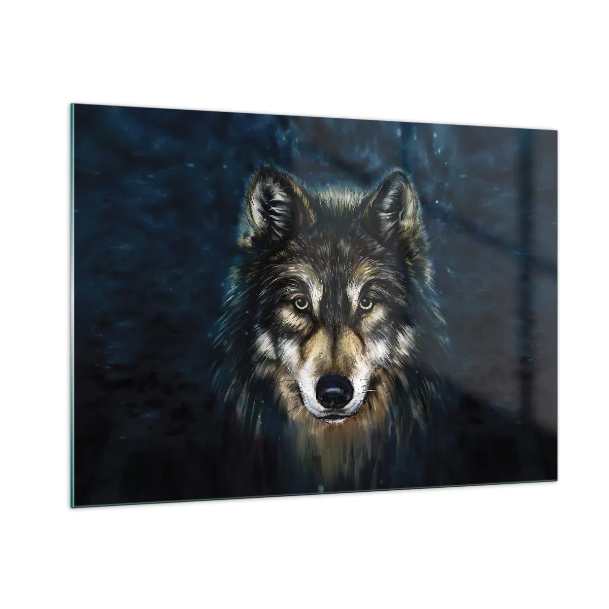 Obraz na szkle - Wilk na tle ciemnego, leśnego tła w realistycznym stylu - 100x70cm - Alfa? I omega - Nowoczesna dekoracja ścienna do salonu, kuchni i sypialni ARTTOR