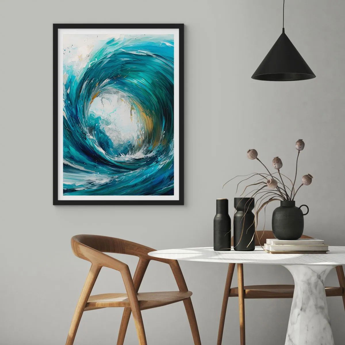 Plakat w czarnej ramie - Abstrakcyjna fala w odcieniach turkusu, błękitu i bieli - 50x70cm - Morski portal - Nowoczesna dekoracja ścienna do salonu i sypialni ARTTOR