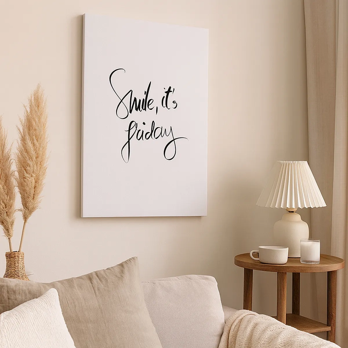 Obraz na płótnie - Minimalistyczny napis 'Smile, it's Friday' na białym tle - 50x70cm - Prawdziwa radość - Nowoczesna dekoracja ścienna do salonu, kuchni i sypialni ARTTOR