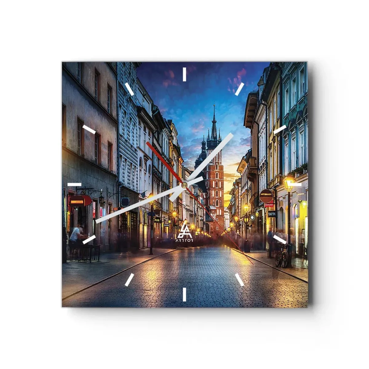 Zegar ścienny - Wieczorna ulica z widokiem na krakowską katedrę - 30x30cm - Krakowski czar - Nowoczesna dekoracja ścienna do salonu i sypialni ARTTOR