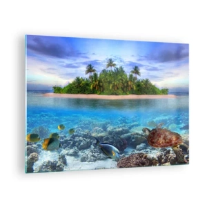Obraz na szkle - Tropikalna wyspa z rafą koralową i morskimi zwierzętami - 70x50cm - Niebiańska wyspa zaprasza - Nowoczesna dekoracja ścienna do salonu i sypialni ARTTOR