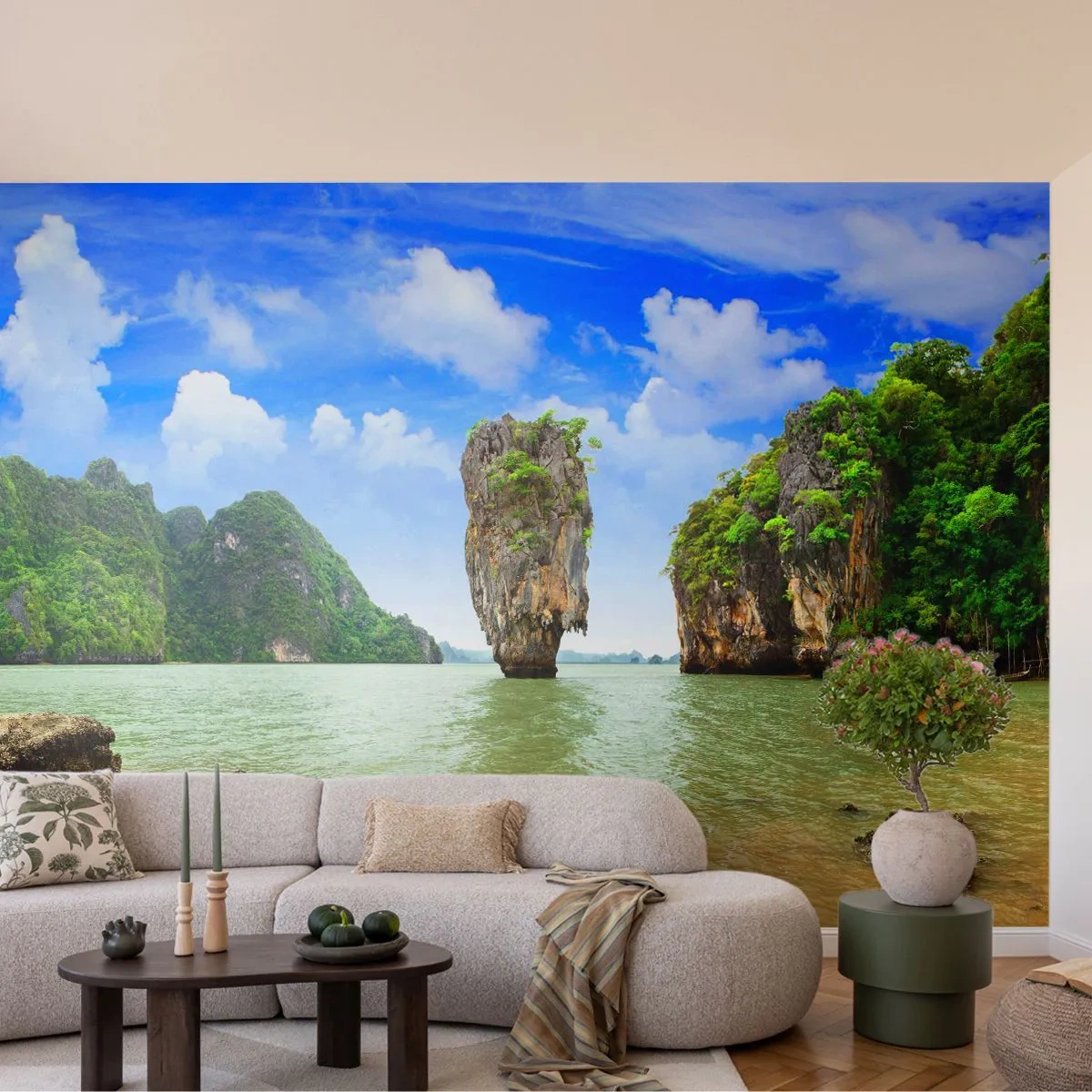 Fototapeta Premium Sand - Tropikalna wyspa z wapiennymi skałami i lazurową wodą - 100x70cm - Skalne dziwy natury - Nowoczesna dekoracja ścienna do salonu, kuchni i sypialni ARTTOR