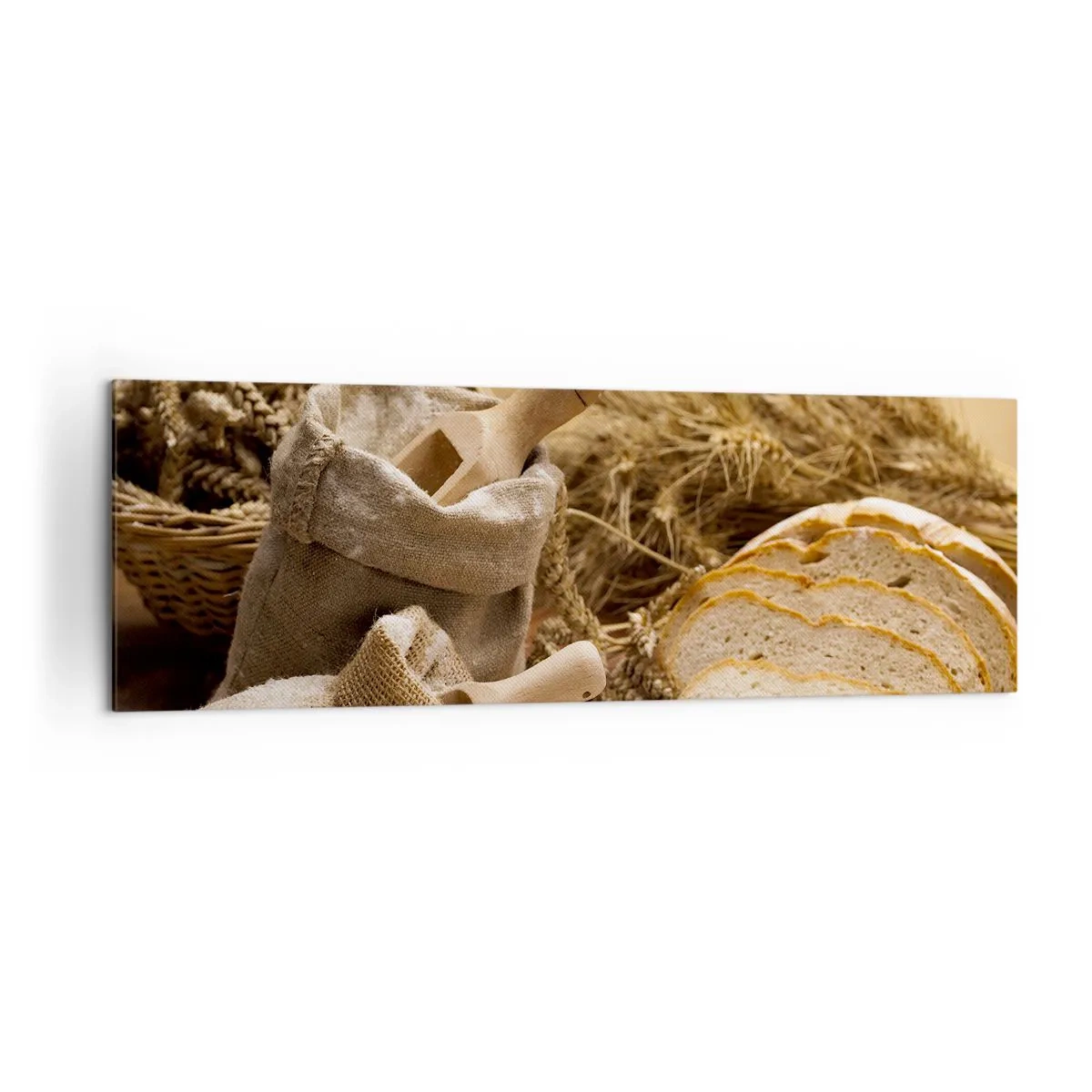 Obraz na płótnie - Krajobraz z chlebem, mąką i kłosami zbóż w rustykalnym stylu - 160x50cm - Jak nożem uciął - Nowoczesna dekoracja ścienna do salonu i sypialni ARTTOR