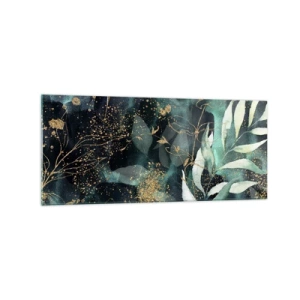 Obraz na szkle - Eleganckie liście na ciemnym tle z złotymi akcentami - 120x50cm - Zaczarowany ogród - Nowoczesna dekoracja ścienna do salonu i sypialni ARTTOR