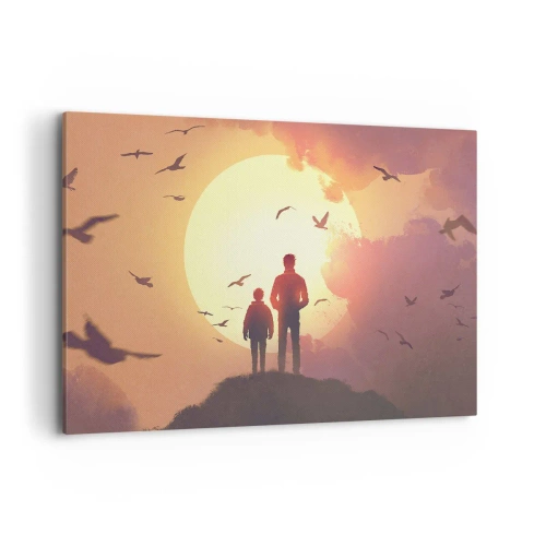 Obraz na płótnie - Postacie na tle zachodzącego słońca - 120x80cm - Ze słońcem twarzą w twarz - Nowoczesna dekoracja ścienna do salonu, kuchni i sypialni ARTTOR