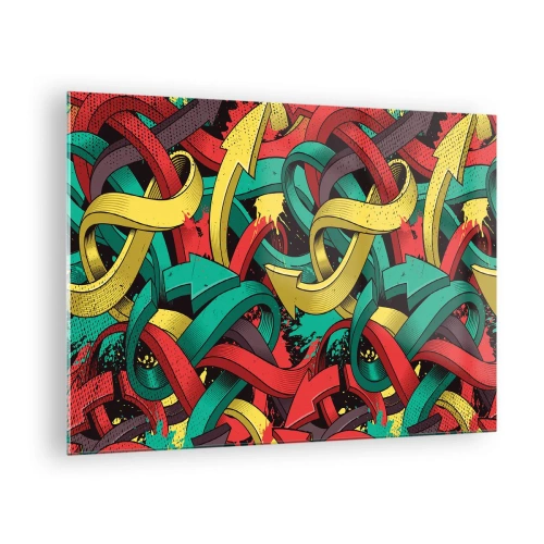 Obraz na szkle - Kolorowa abstrakcja z dynamicznymi strzałkami i ruchem - 70x50cm - Którędy do celu? - Nowoczesna dekoracja ścienna do salonu i sypialni ARTTOR