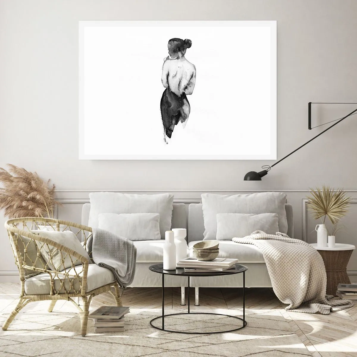 Plakat - Postać kobiety uchwycona w subtelnej akwareli - 100x70cm - Przy niej świat znika - Nowoczesna dekoracja ścienna do salonu i sypialni ARTTOR