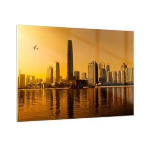 Obraz na szkle - Nowoczesne miasto z wieżowcami o zachodzie słońca - 100x70cm - Złote miasto - Nowoczesna dekoracja ścienna do salonu, kuchni i sypialni ARTTOR
