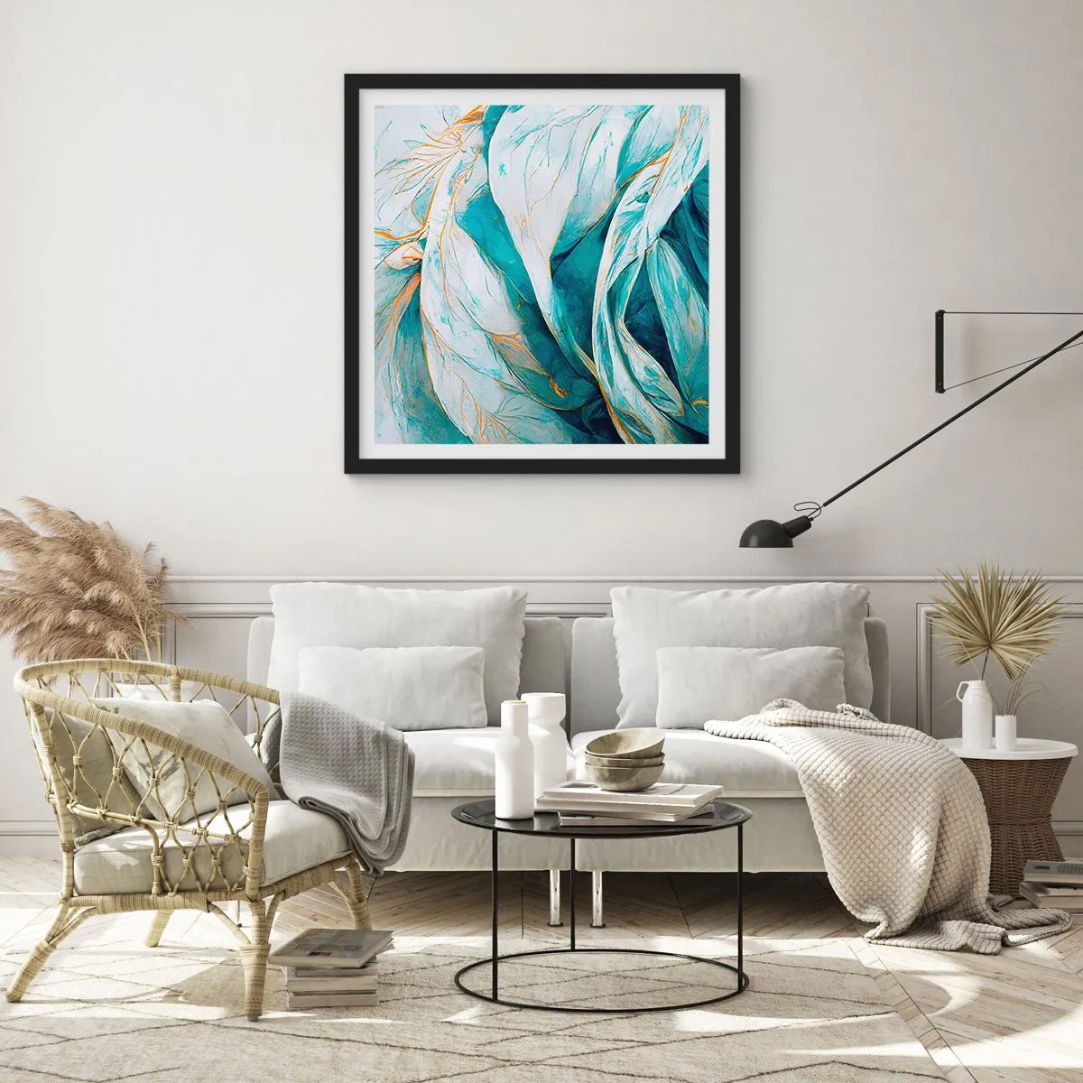 Plakat w czarnej ramie - Błękitna abstrakcja z motywem złota - 30x30 cm