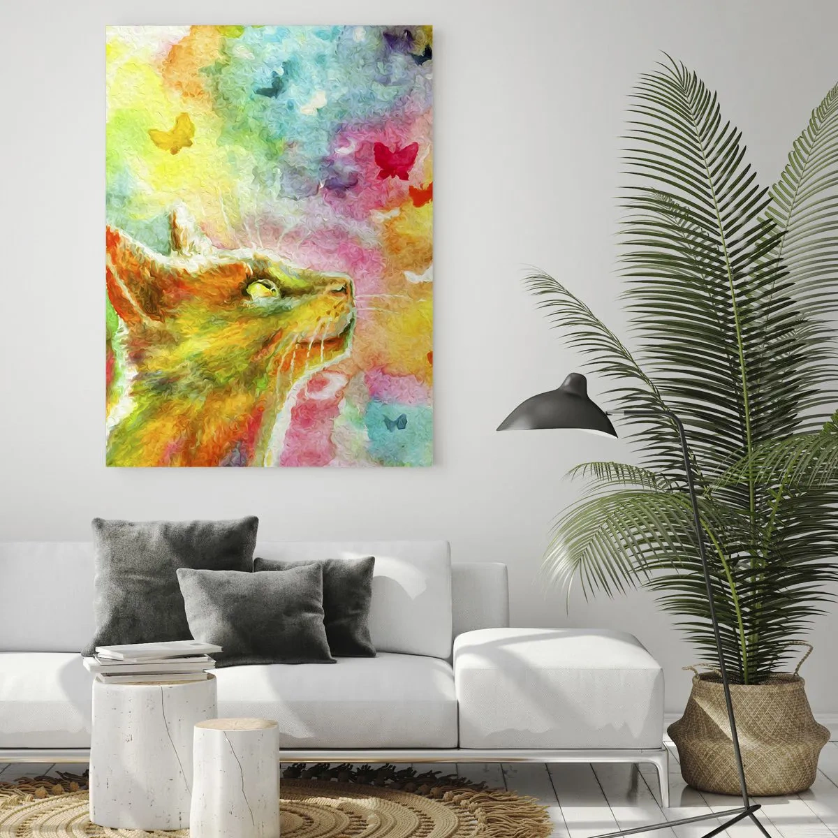 Obraz na szkle - Kot w otoczeniu kolorowych motyli - 80x120cm - Baju-baju w kocim raju - Nowoczesna dekoracja ścienna do salonu i sypialni ARTTOR