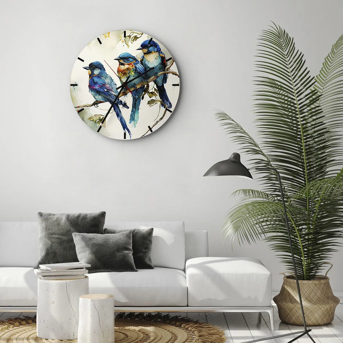 Zegar ścienny - Kolorowe ptaki na gałęzi w akwarelowym stylu ilustracyjnym - 30x30cm - Obraził się? - Nowoczesna dekoracja ścienna do salonu, kuchni i sypialni ARTTOR