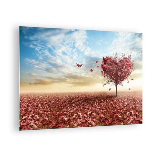 Obraz na szkle - Drzewo w kształcie serca na tle pola z czerwonymi liśćmi - 70x50cm - Pokochaj też jesień - Nowoczesna dekoracja ścienna do salonu i sypialni ARTTOR