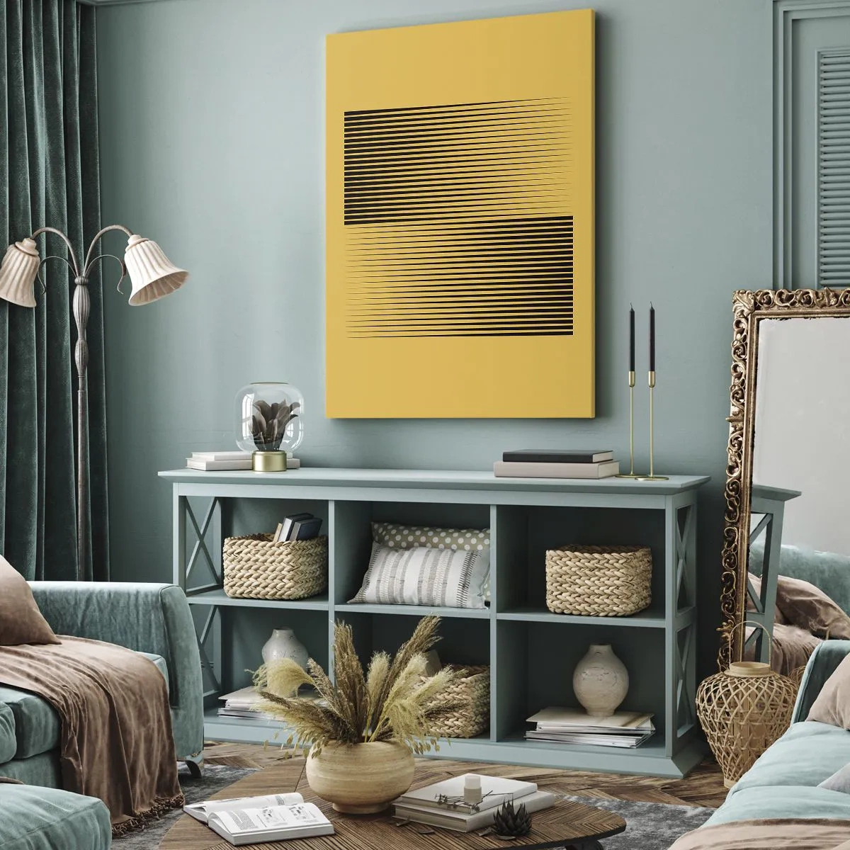 Obraz na płótnie - Pionowe czarne linie na żółtym tle - 70x100cm - Kwadratura przeciwieństw - Nowoczesna dekoracja ścienna do salonu i sypialni ARTTOR
