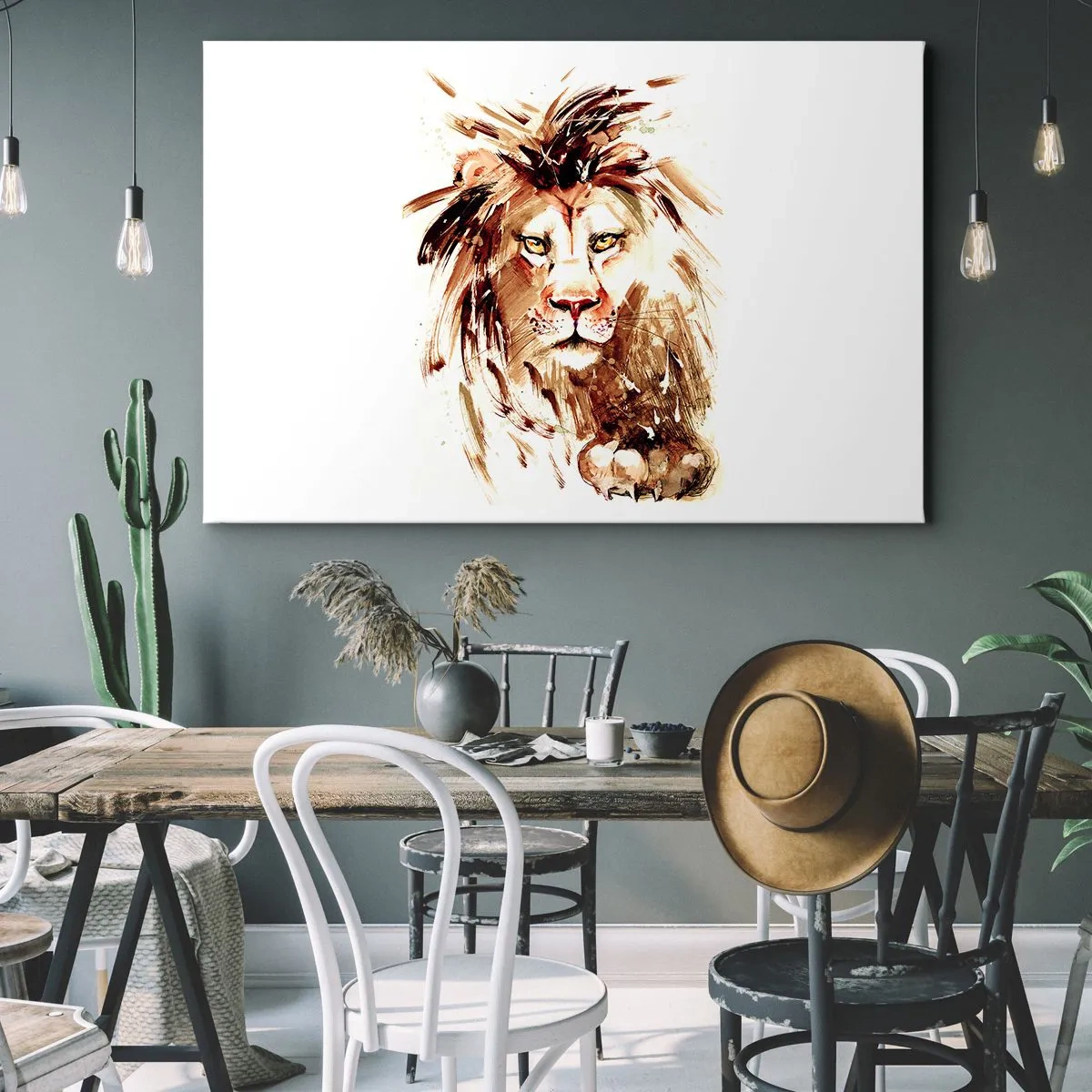 Obraz na płótnie - Portret lwa w stylu akwarelowym z intensywnymi detalami - 100x70cm - Siła i godność - Nowoczesna dekoracja ścienna do salonu, kuchni i sypialni ARTTOR