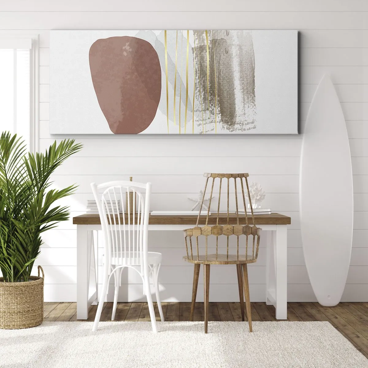 Obraz na płótnie - Abstrakcyjna kompozycja w beżowych i złotych odcieniach - 160x50cm - Abstrakcyjna kolumnada - Nowoczesna dekoracja ścienna do salonu i sypialni ARTTOR