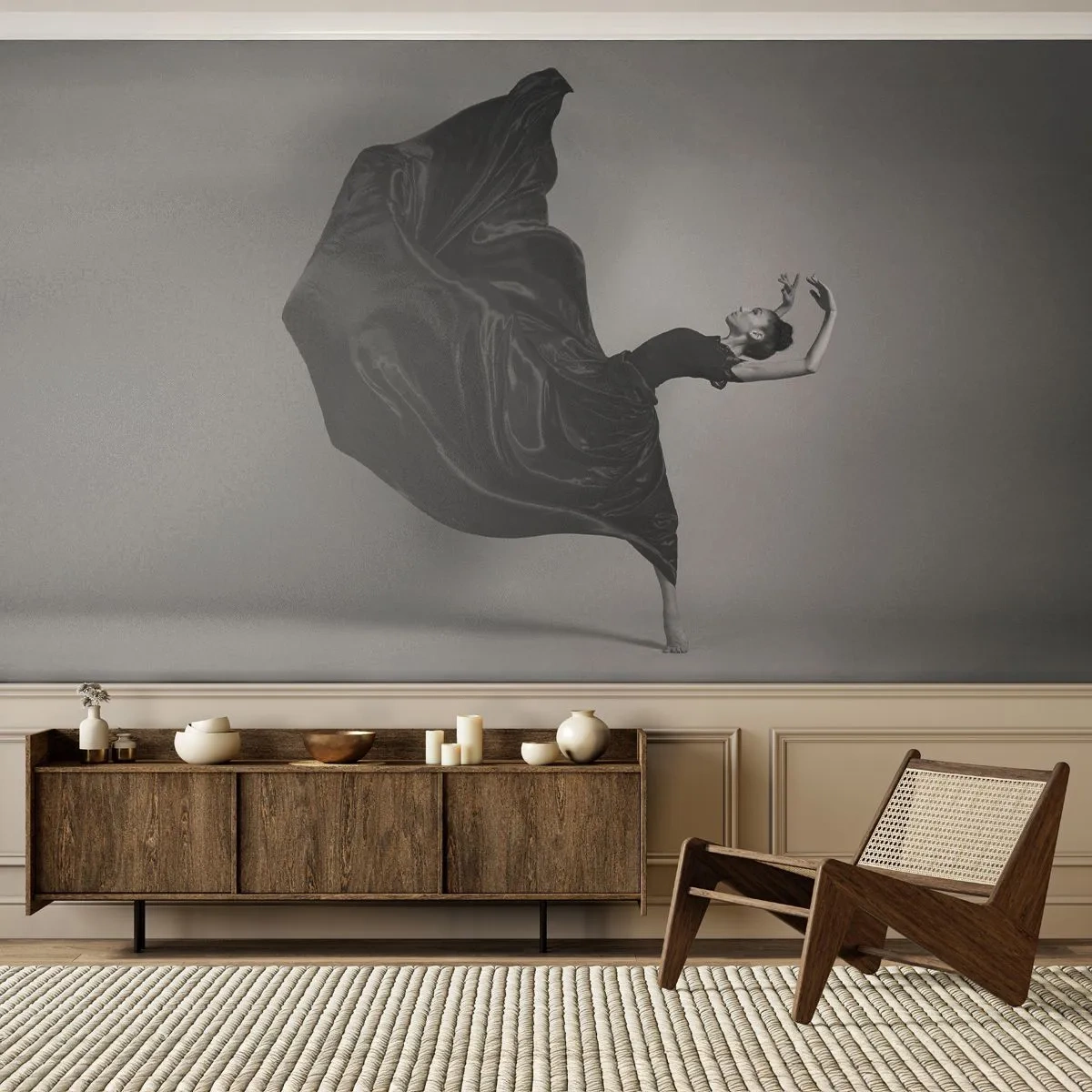 Fototapeta Premium Sand - Tancerka w czarnej sukni uchwycona w dynamicznym ruchu - 100x70cm - Uskrzydlona muzyką - Nowoczesna dekoracja ścienna do salonu, kuchni i sypialni ARTTOR