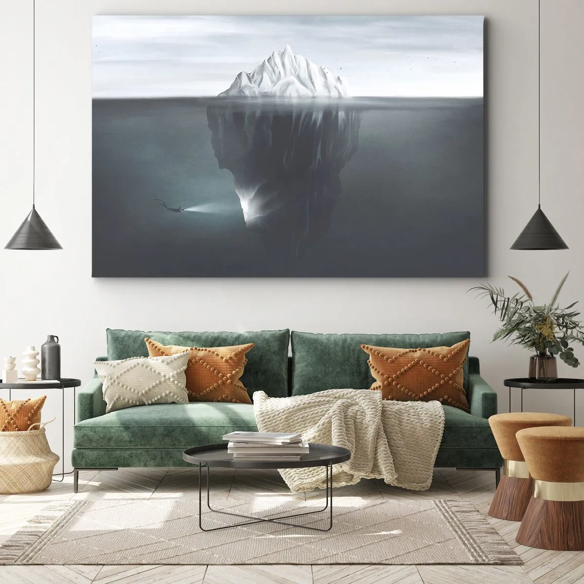 Obraz na płótnie - Góra lodowa w wodzie z nurkiem i reflektorem pod powierzchnią - 70x50cm - Podwodna tajemnica - Nowoczesna dekoracja ścienna do salonu i sypialni ARTTOR