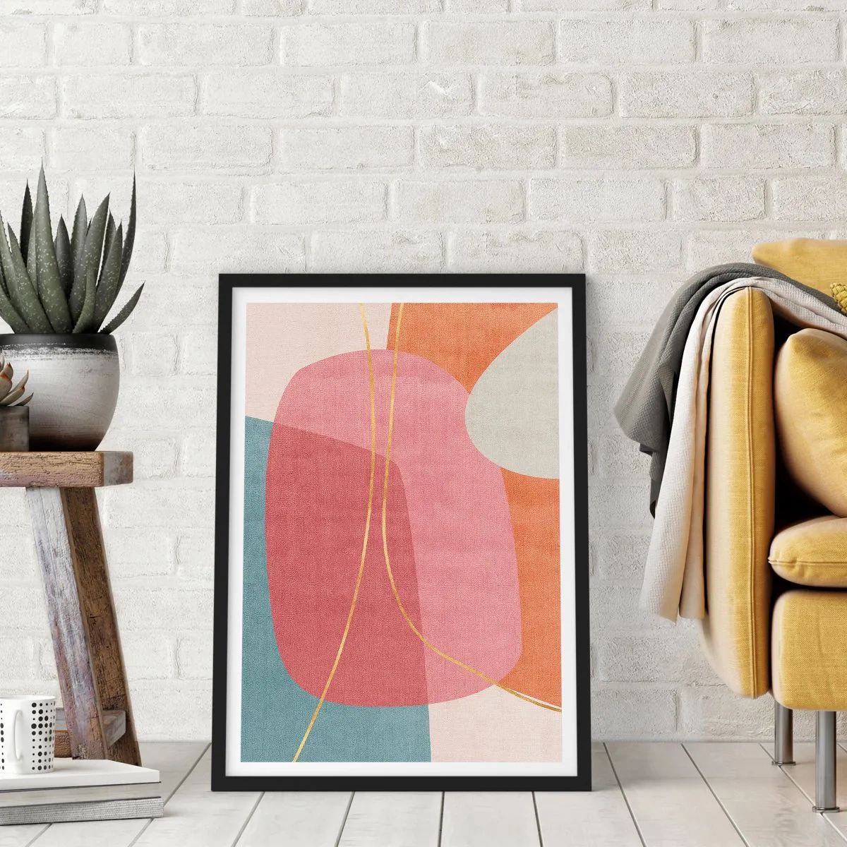 Plakat w czarnej ramie - Kolorowa abstrakcja z geometrycznymi kształtami i złotymi liniami - 50x70cm - Pastelowa kompozycja z nicią złota - Nowoczesna dekoracja ścienna do salonu i sypialni ARTTOR