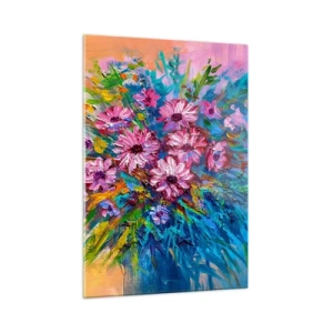 Obraz na szkle - Bukiet różowych kwiatów w artystycznej, kolorowej kompozycji - 50x70cm - Energia życia - Nowoczesna dekoracja ścienna do salonu, kuchni i sypialni ARTTOR