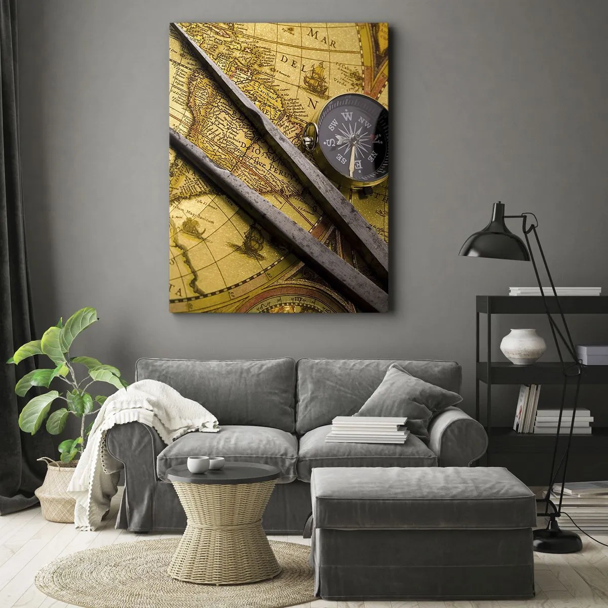Obraz na płótnie - Zabytkowa mapa świata z kompasem i cyrklem na tle - 80x120cm - Gdze te skarby? - Nowoczesna dekoracja ścienna do salonu i sypialni ARTTOR