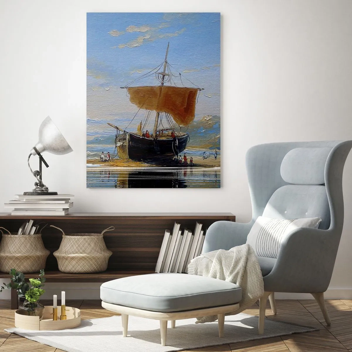 Obraz na szkle - Statek z żaglem przy brzegu w malarskim stylu - 50x70cm - Woda, ziemia, powietrze - Nowoczesna dekoracja ścienna do salonu, kuchni i sypialni ARTTOR
